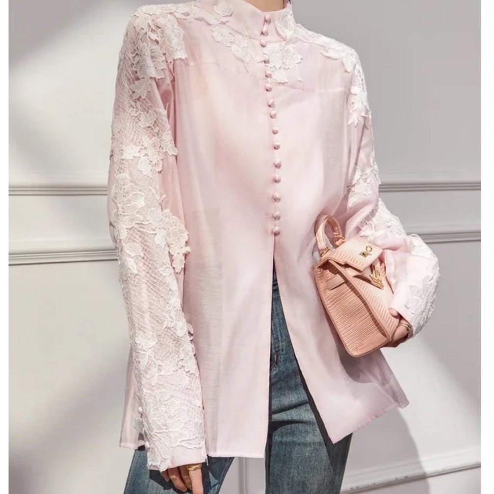 Elegant Pink Lace Button-Up Blouse